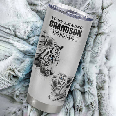 Personalized To My Amazing Grandson Gifts Tumbler From Grandma Grandpa White Tiger It A Big Hug Grandson Birthday Gifts Christmas Custom Stainless Steel Travel Mug | siriusteestore