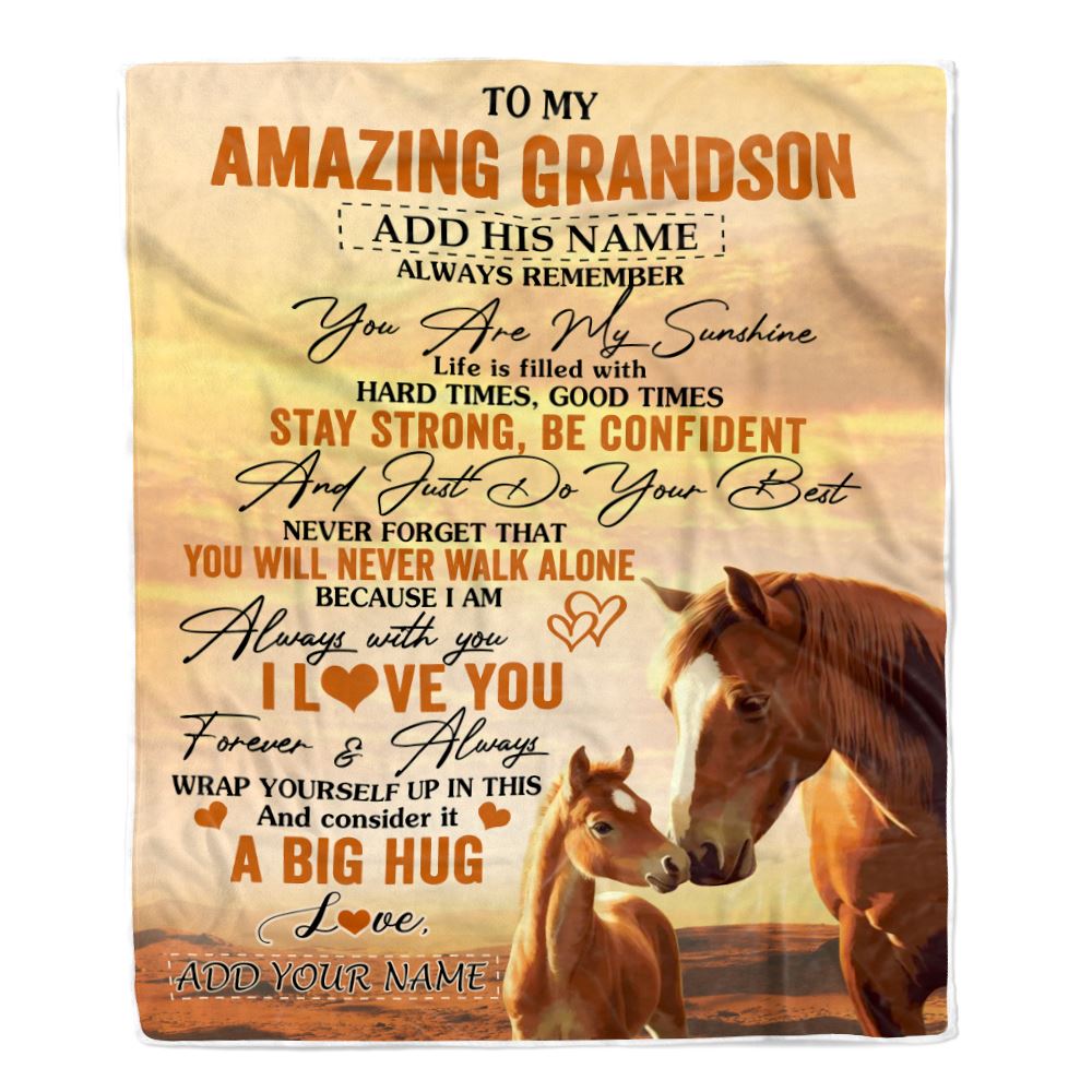 Personalized To My Amazing Grandson Horse Blanket From Grandma Grandpa My Sunshine Grandson Birthday Gifts Graduation Christmas Customized Fleece Throw Blanket | siriusteestore