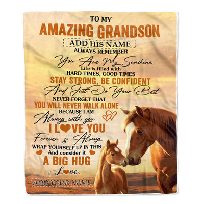 Personalized To My Amazing Grandson Horse Blanket From Grandma Grandpa My Sunshine Grandson Birthday Gifts Graduation Christmas Customized Fleece Throw Blanket | siriusteestore