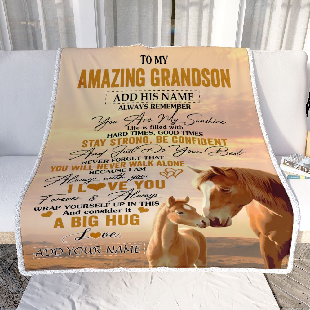 Personalized To My Amazing Grandson Horse Blanket From Grandma Grandpa My Sunshine Grandson Birthday Gifts Graduation Christmas Customized Fleece Throw Blanket | siriusteestore