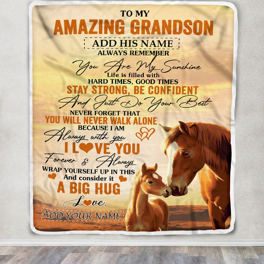 Personalized To My Amazing Grandson Horse Blanket From Grandma Grandpa My Sunshine Grandson Birthday Gifts Graduation Christmas Customized Fleece Throw Blanket | siriusteestore