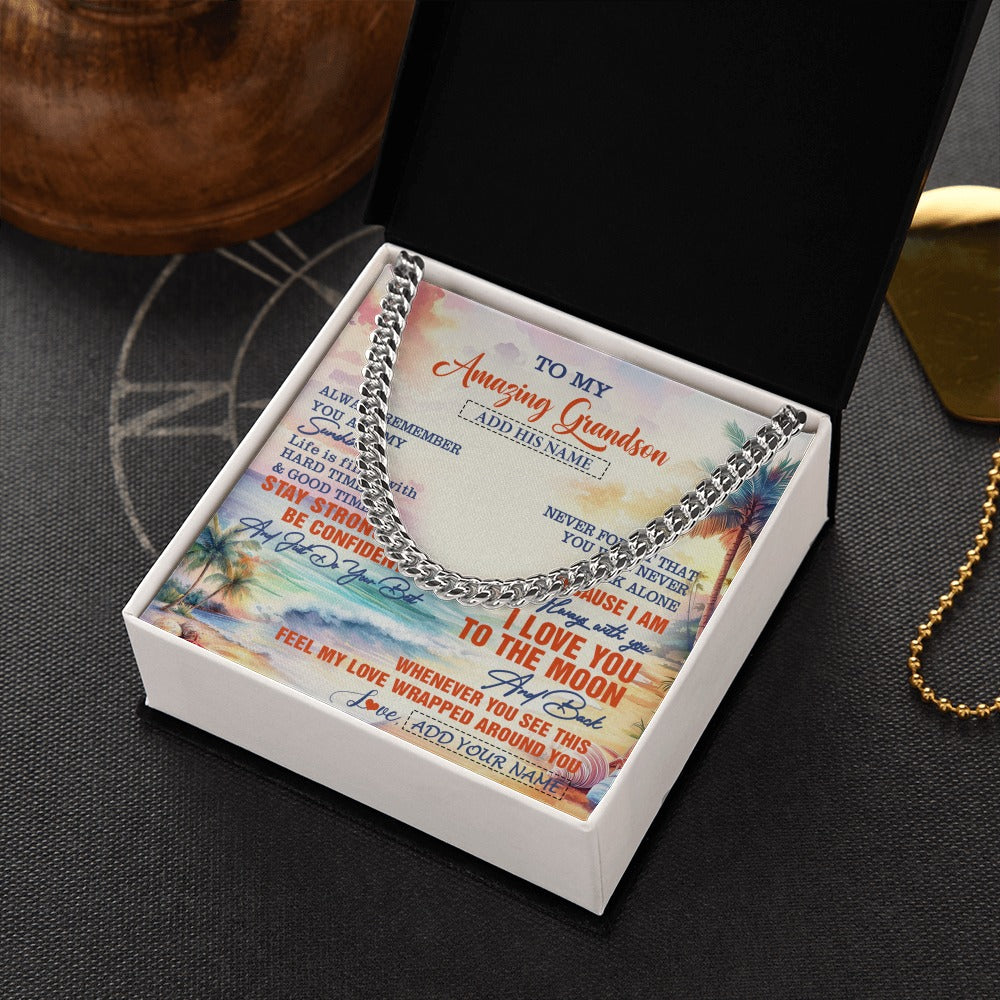 Cuban Link Chain Necklace Stainless Steel | 2 | Personalized To My Amazing Grandson Necklace From Grandma Grandpa Beach It A Big Hug Grandson Birthday Gifts Graduation Christmas Custom Gift Box Message Card Shirt & Hoodie | https://siriusteestore.