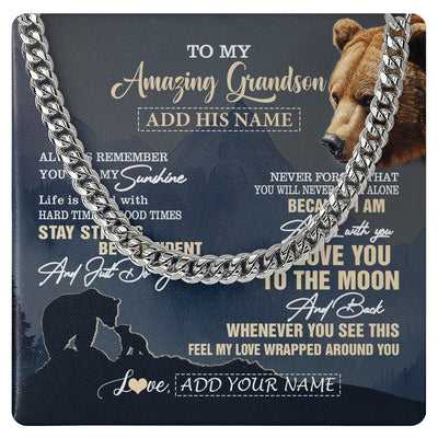 Cuban Link Chain Necklace Stainless Steel | 1 | Personalized To My Amazing Grandson Necklace From Grandma Grandpa Bear It A Big Hug Grandson Birthday Gifts Graduation Christmas Custom Gift Box Message Card | https://siriusteestore.