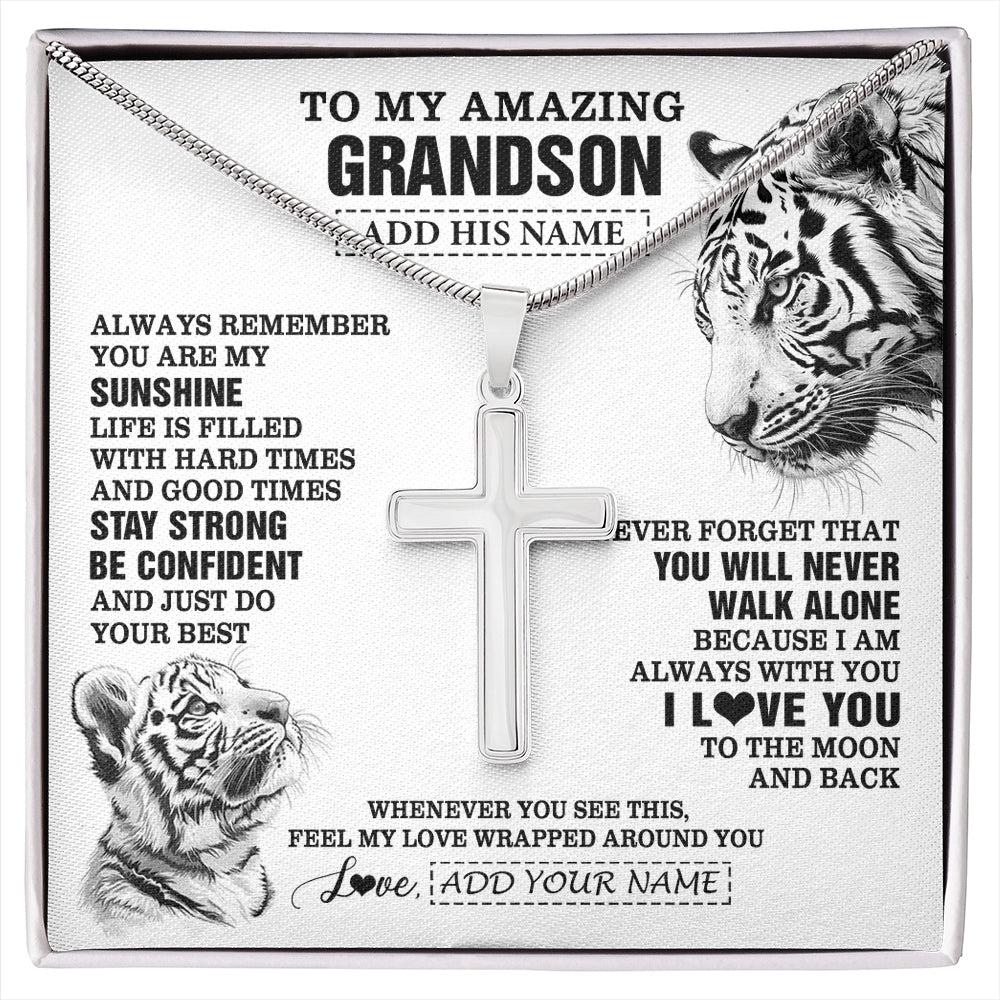Stainless Cross Necklace Stainless Steel | 1 | Personalized To My Amazing Grandson Necklace From Grandma Grandpa White Tiger It A Big Hug Grandson Birthday Gifts Christmas Custom Gift Box Message Card | https://siriusteestore.