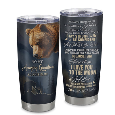 Personalized To My Amazing Grandson Tumbler From Grandma Grandpa Bear It A Big Hug Grandson Birthday Gifts Graduation Christmas Custom Stainless Steel Travel Mug Shirt & Hoodie | siriusteestore