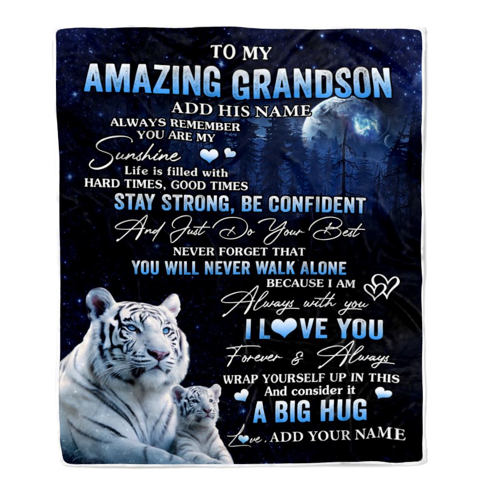 Personalized To My Amazing Grandson White Tiger Blanket From Grandma Papa My Sunshine Grandson Birthday Gifts Graduation Christmas Customized Fleece Blanket | siriusteestore