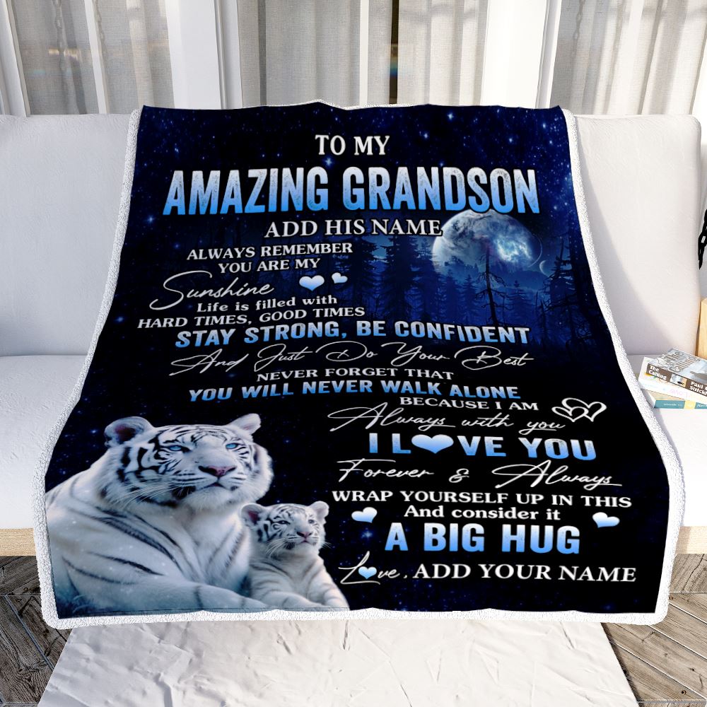 Personalized To My Amazing Grandson White Tiger Blanket From Grandma Papa My Sunshine Grandson Birthday Gifts Graduation Christmas Customized Fleece Blanket | siriusteestore