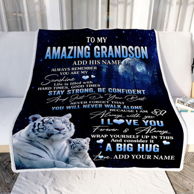 Personalized To My Amazing Grandson White Tiger Blanket From Grandma Papa My Sunshine Grandson Birthday Gifts Graduation Christmas Customized Fleece Blanket | siriusteestore