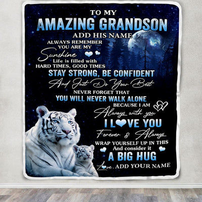 Personalized To My Amazing Grandson White Tiger Blanket From Grandma Papa My Sunshine Grandson Birthday Gifts Graduation Christmas Customized Fleece Blanket | siriusteestore