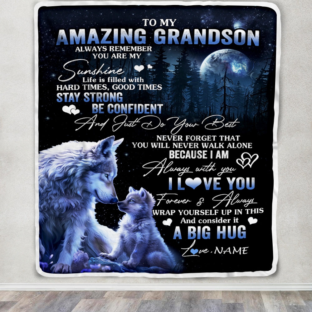 Personalized To My Amazing Grandson Wolf Blanket From Grandma Grandpa Moon Wolf Grandson Birthday Graduation Christmas Customized Bed Fleece Blanket | siriusteestore