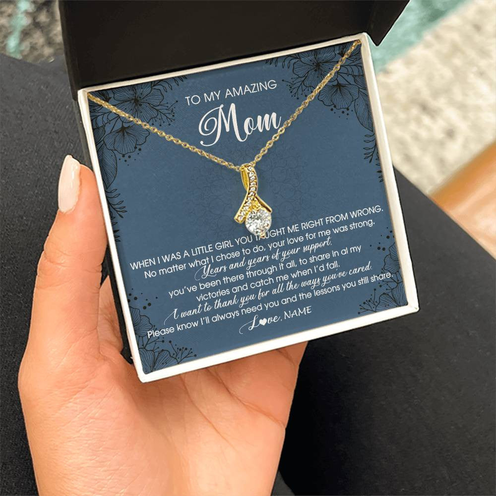Alluring Beauty Necklace 18K Yellow Gold Finish | Personalized To My Amazing Mom Necklace From Daughter Little Girl You Taught Me Right Mom Birthday Mothers Day Christmas Jewelry Customized Box Message Card | siriusteestore