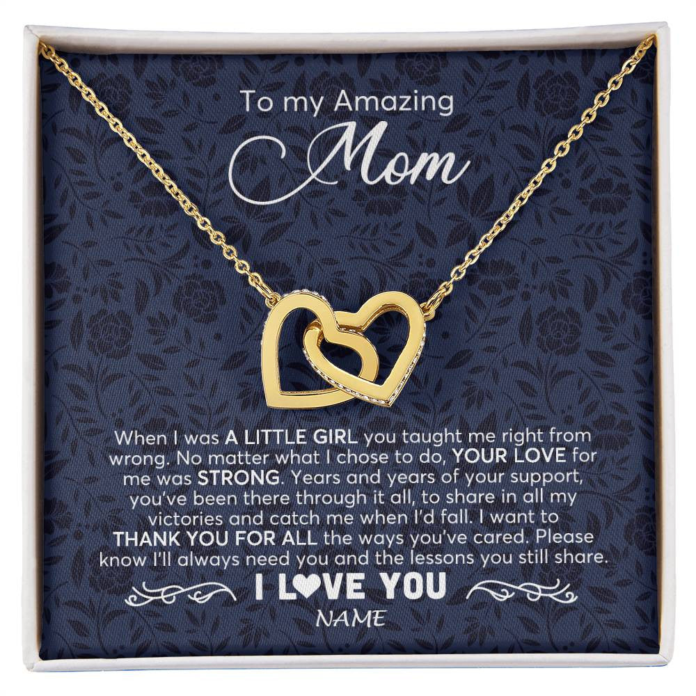 Interlocking Hearts Necklace 18K Yellow Gold Finish | 1 | Personalized To My Amazing Mom Necklace From Daughter When I Was A Little Girl Mom Birthday Mothers Day Christmas Jewelry Customized Gift Box Message Card | siriusteestore
