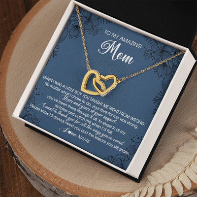 Interlocking Hearts Necklace 18K Yellow Gold Finish | Personalized To My Amazing Mom Necklace From Son Little Boy You Taught Me Right Mom Birthday Mothers Day Christmas Pendant Jewelry Customized Box Message Card | siriusteestore