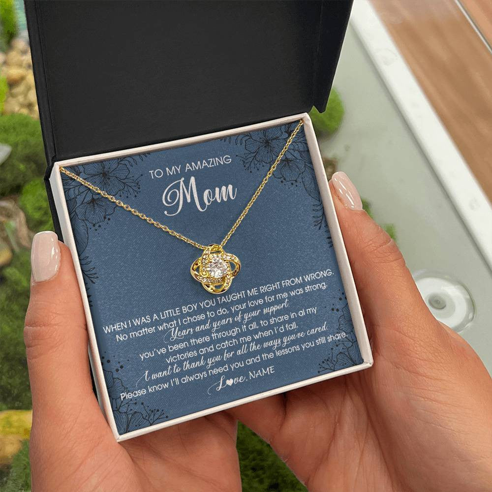 Love Knot Necklace 18K Yellow Gold Finish | Personalized To My Amazing Mom Necklace From Son Little Boy You Taught Me Right Mom Birthday Mothers Day Christmas Pendant Jewelry Customized Box Message Card | siriusteestore
