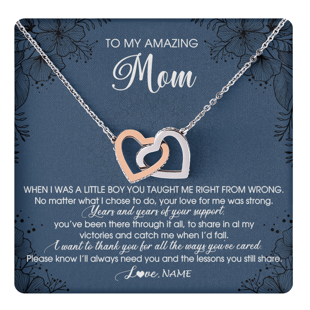 Interlocking Hearts Necklace Stainless Steel & Rose Gold Finish | 1 | Personalized To My Amazing Mom Necklace From Son You Taught Me Right Mom Birthday Mothers Day Christmas Pendant Jewelry Customized Box Message Card | siriusteestore