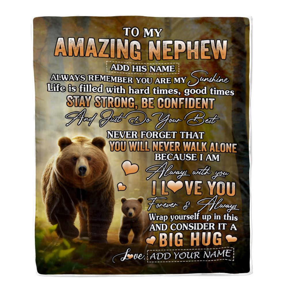 Personalized To My Amazing Nephew Bear Blanket From Aunt Uncle Auntie My Sunshine Nephew Birthday Gifts Graduation Christmas Customized Fleece Throw Blanket | siriusteestore