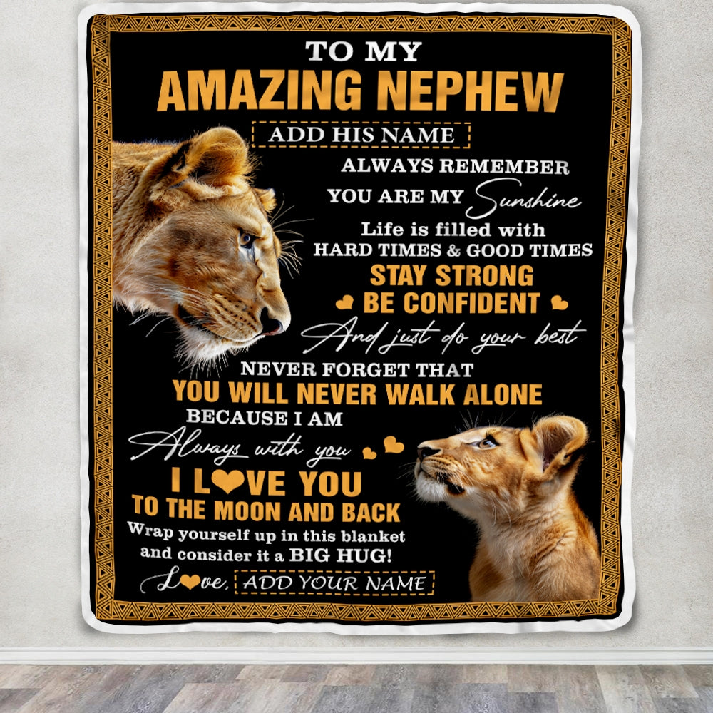 Personalized To My Amazing Nephew Blanket From Aunt Auntie Lion It A Big Hug Nephew Birthday Gifts Graduation Christmas Customized Fleece Throw Blanket | siriusteestore