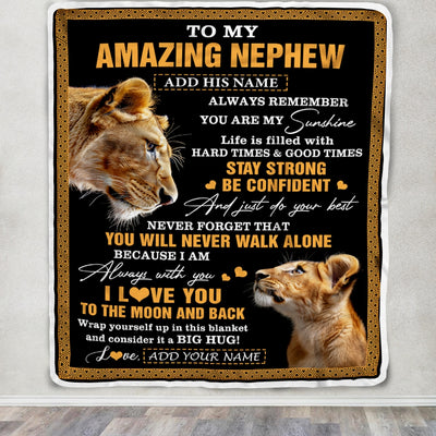 Personalized To My Amazing Nephew Blanket From Aunt Auntie Lion It A Big Hug Nephew Birthday Gifts Graduation Christmas Customized Fleece Throw Blanket | siriusteestore