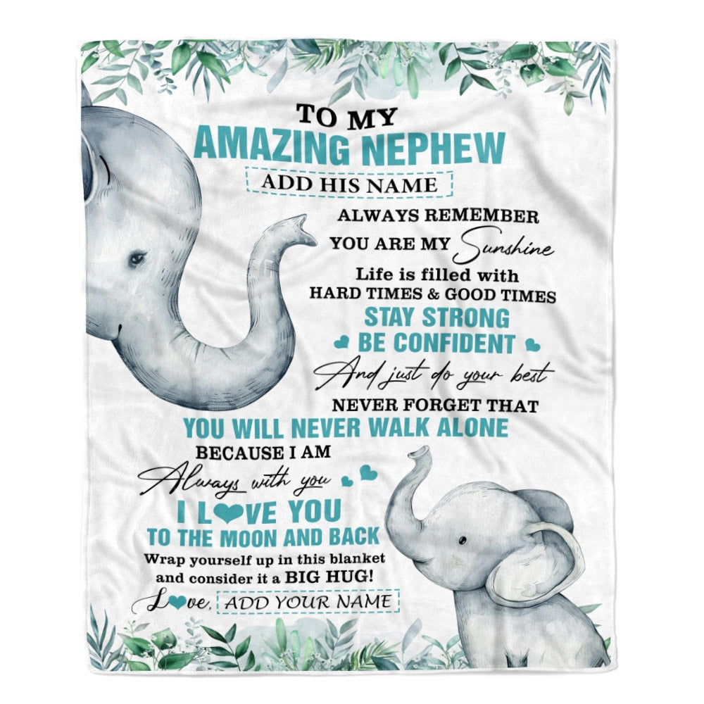 Personalized To My Amazing Nephew Blanket From Aunt Uncle Auntie Elephant It A Big Hug Nephew Birthday Gifts Graduation Christmas Custom Fleece Throw Blanket | siriusteestore