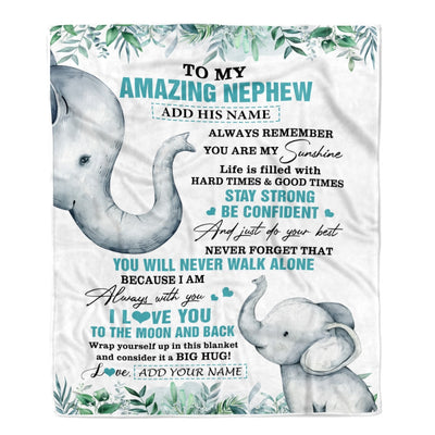 Personalized To My Amazing Nephew Blanket From Aunt Uncle Auntie Elephant It A Big Hug Nephew Birthday Gifts Graduation Christmas Custom Fleece Throw Blanket | siriusteestore