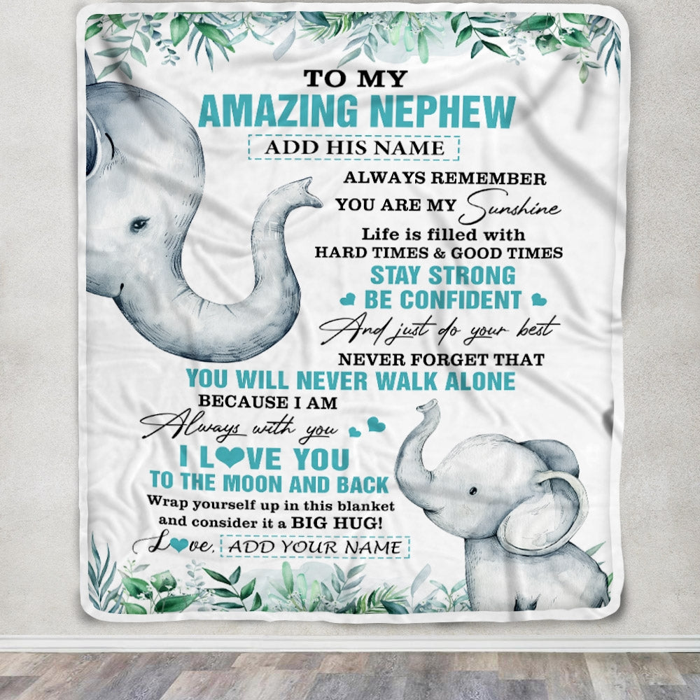 Personalized To My Amazing Nephew Blanket From Aunt Uncle Auntie Elephant It A Big Hug Nephew Birthday Gifts Graduation Christmas Custom Fleece Throw Blanket | siriusteestore