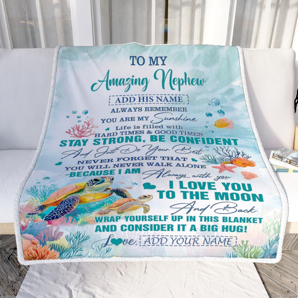 Personalized To My Amazing Nephew Blanket From Aunt Uncle Auntie Turtle It A Big Hug Nephew Birthday Gifts Graduation Christmas Custom Fleece Throw Blanket | siriusteestore