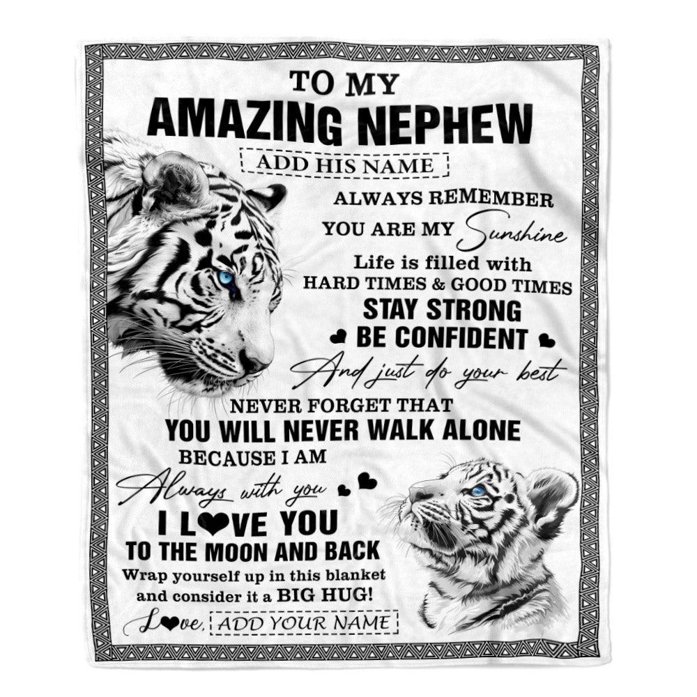 Personalized To My Amazing Nephew Blanket From Aunt Uncle Auntie White Tiger It A Big Hug Nephew Birthday Gifts Christmas Customized Fleece Throw Blanket | siriusteestore