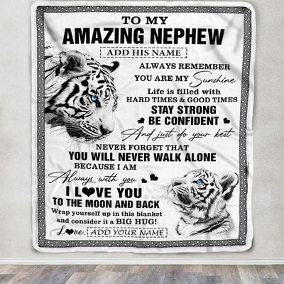 Personalized To My Amazing Nephew Blanket From Aunt Uncle Auntie White Tiger It A Big Hug Nephew Birthday Gifts Christmas Customized Fleece Throw Blanket | siriusteestore