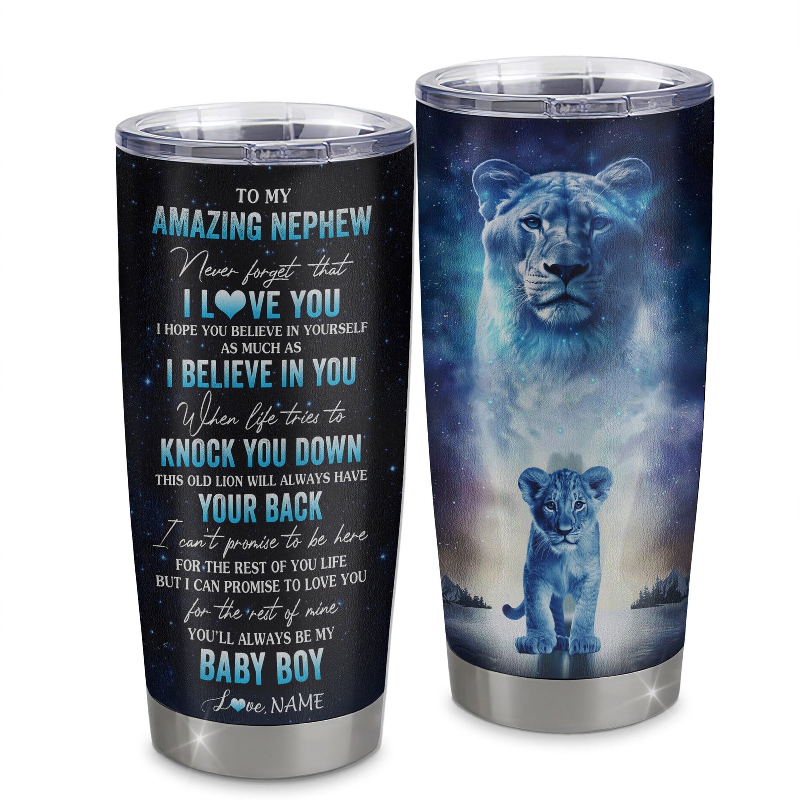 Personalized To My Amazing Nephew From Aunt Auntie Stainless Steel Tumbler Cup Lion Never Forget I Love You Nephew Birthday Graduation Christmas Travel Mug | siriusteestore