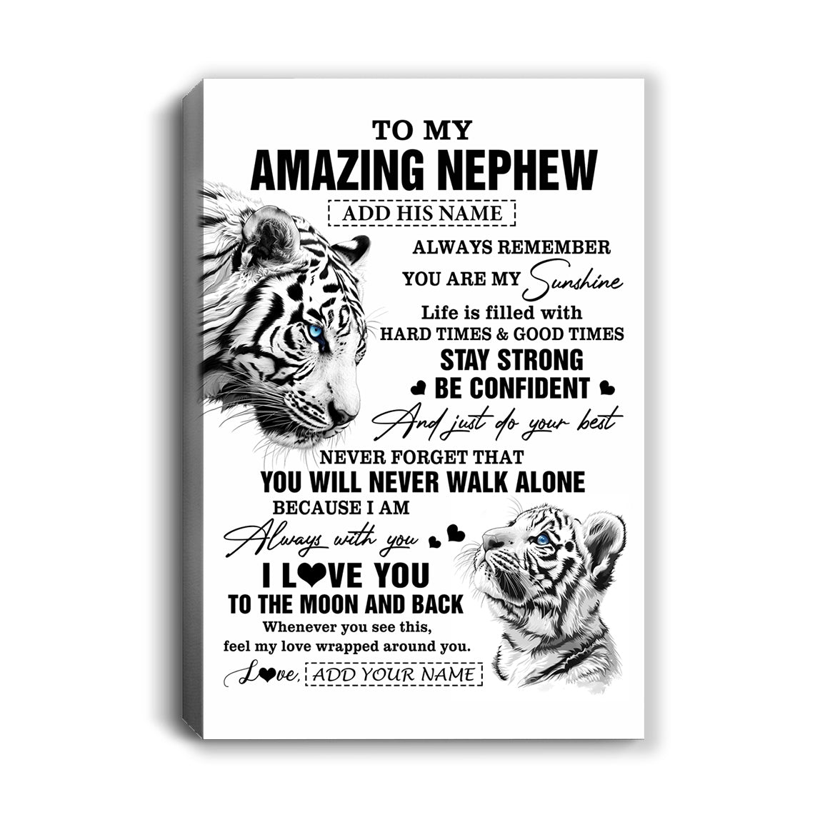 Personalized To My Amazing Nephew Gifts Canvas From Aunt Uncle Auntie White Tiger It A Big Hug Nephew Birthday Gifts Christmas Custom Wall Art Framed Canvas | siriusteestore