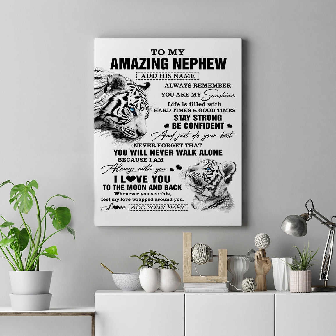 Personalized To My Amazing Nephew Gifts Canvas From Aunt Uncle Auntie White Tiger It A Big Hug Nephew Birthday Gifts Christmas Custom Wall Art Framed Canvas | siriusteestore