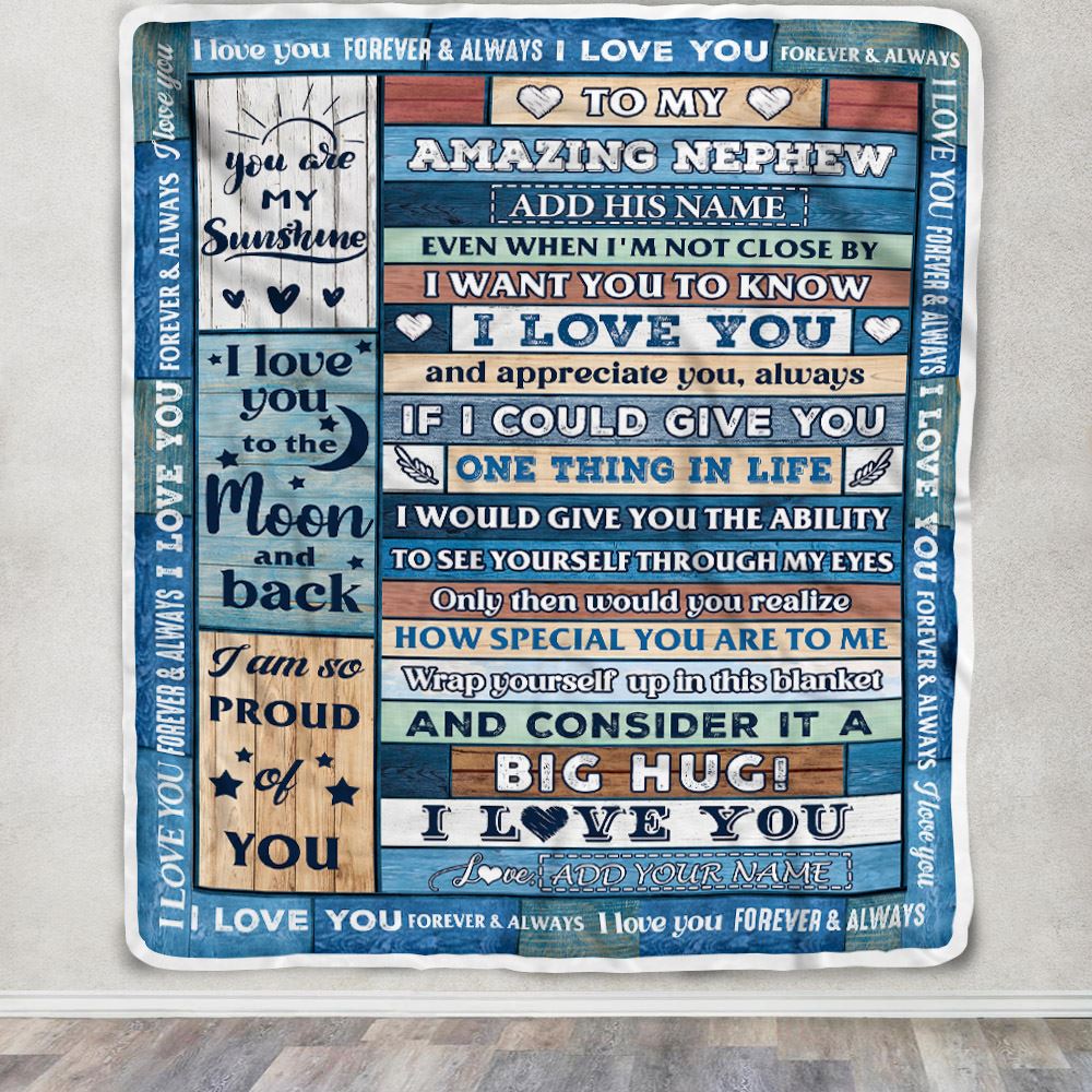 Personalized To My Amazing Nephew Gifts From Aunt Uncle Auntie Blanket Wood Great Words Birthday Gifts For Nephew Christmas Customized Fleece Throw Blanket | siriusteestore