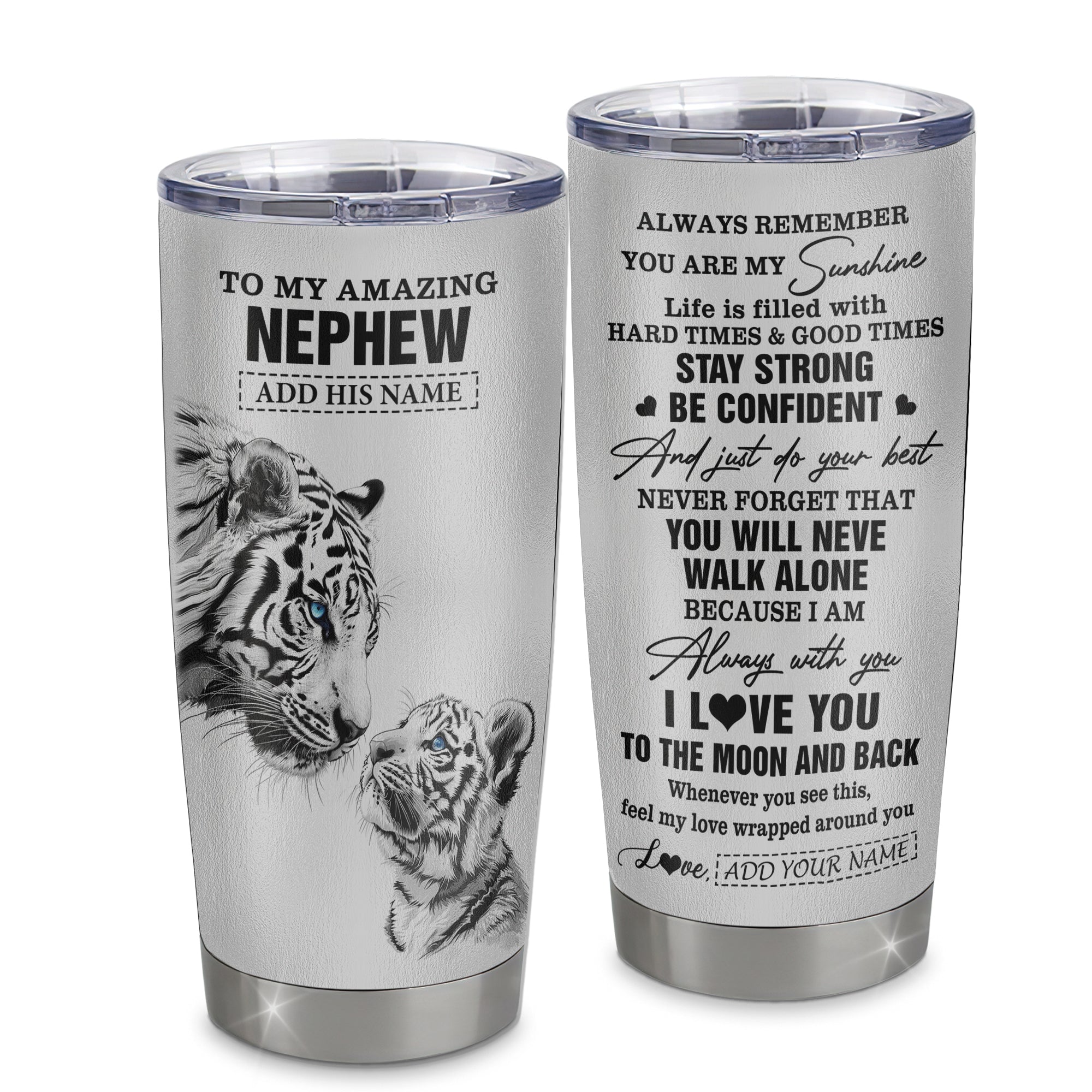 Personalized To My Amazing Nephew Gifts Tumbler From Aunt Uncle Auntie White Tiger It A Big Hug Nephew Birthday Gifts Christmas Custom Stainless Steel Travel Mug | siriusteestore