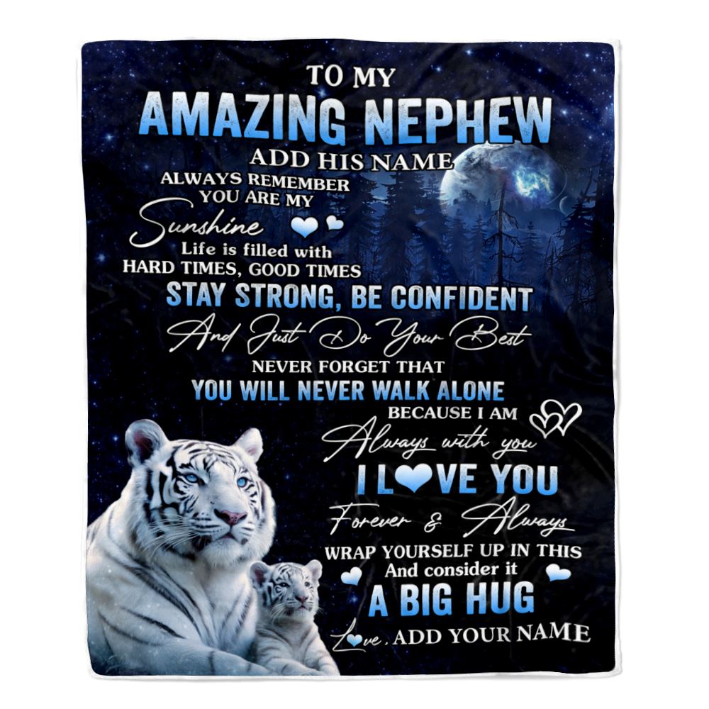 Personalized To My Amazing Nephew White Tiger Blanket From Aunt Uncle Auntie My Sunshine Nephew Birthday Gifts Graduation Christmas Customized Fleece Blanket | siriusteestore