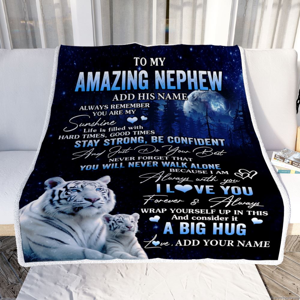 Personalized To My Amazing Nephew White Tiger Blanket From Aunt Uncle Auntie My Sunshine Nephew Birthday Gifts Graduation Christmas Customized Fleece Blanket | siriusteestore
