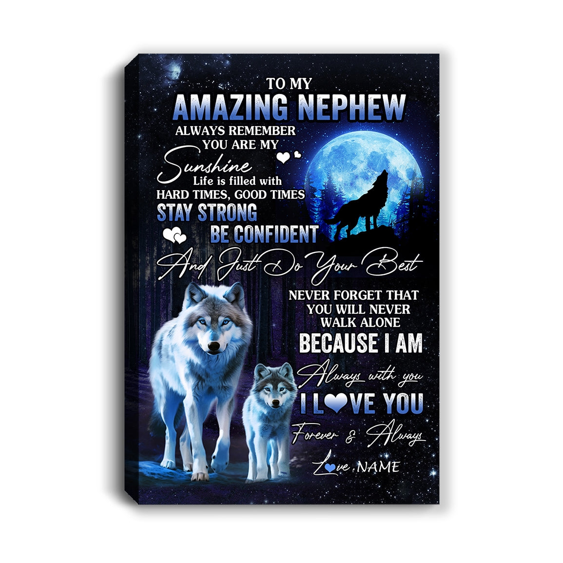 Personalized To My Amazing Nephew Wolf Canvas From Aunt Auntie Uncle Moon Wolf Nephew Birthday Gifts Graduation Christmas Custom Wall Art Print Framed Canvas | siriusteestore