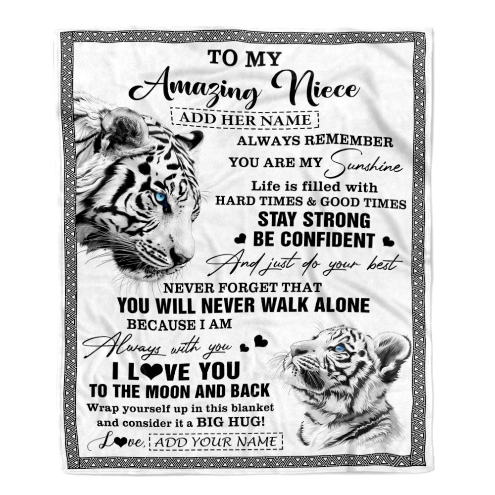 Personalized To My Amazing Niece Blanket From Aunt Uncle Auntie White Tiger It A Big Hug Niece Birthday Gifts Graduation Christmas Customized Fleece Blanket | siriusteestore