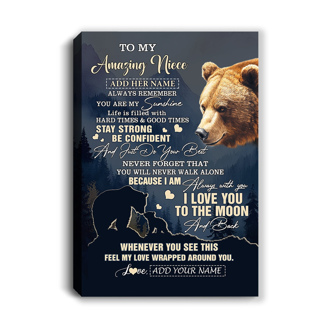 Personalized To My Amazing Niece Canvas From Aunt Uncle Auntie Bear It A Big Hug Niece Birthday Gifts Graduation Christmas Custom Wall Art Framed Canvas Shirt & Hoodie | siriusteestore