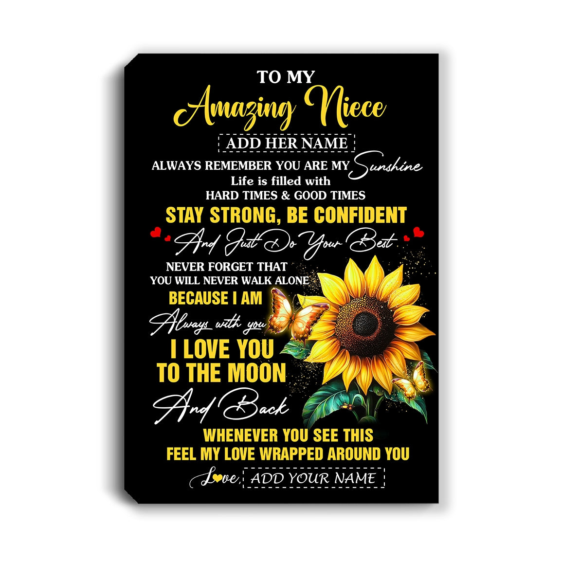 Personalized To My Amazing Niece Canvas From Aunt Uncle Auntie Sunflower It A Big Hug Niece Birthday Gifts Graduation Christmas Custom Wall Art Framed Canvas | siriusteestore