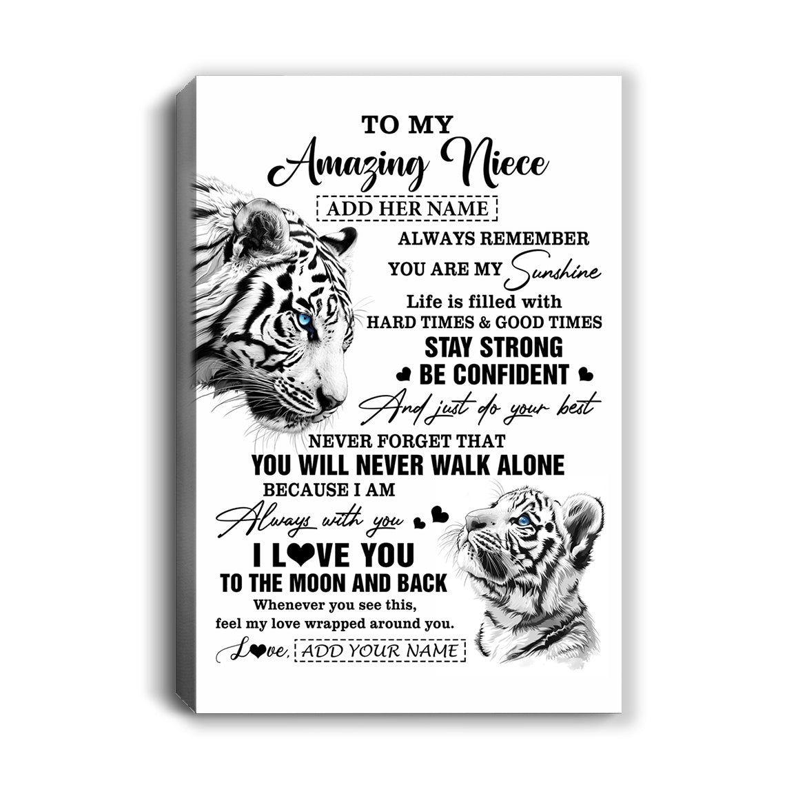 Personalized To My Amazing Niece Gifts Canvas From Aunt Uncle White Tiger It A Big Hug Niece Birthday Gifts Graduation Christmas Custom Wall Art Framed Canvas | siriusteestore