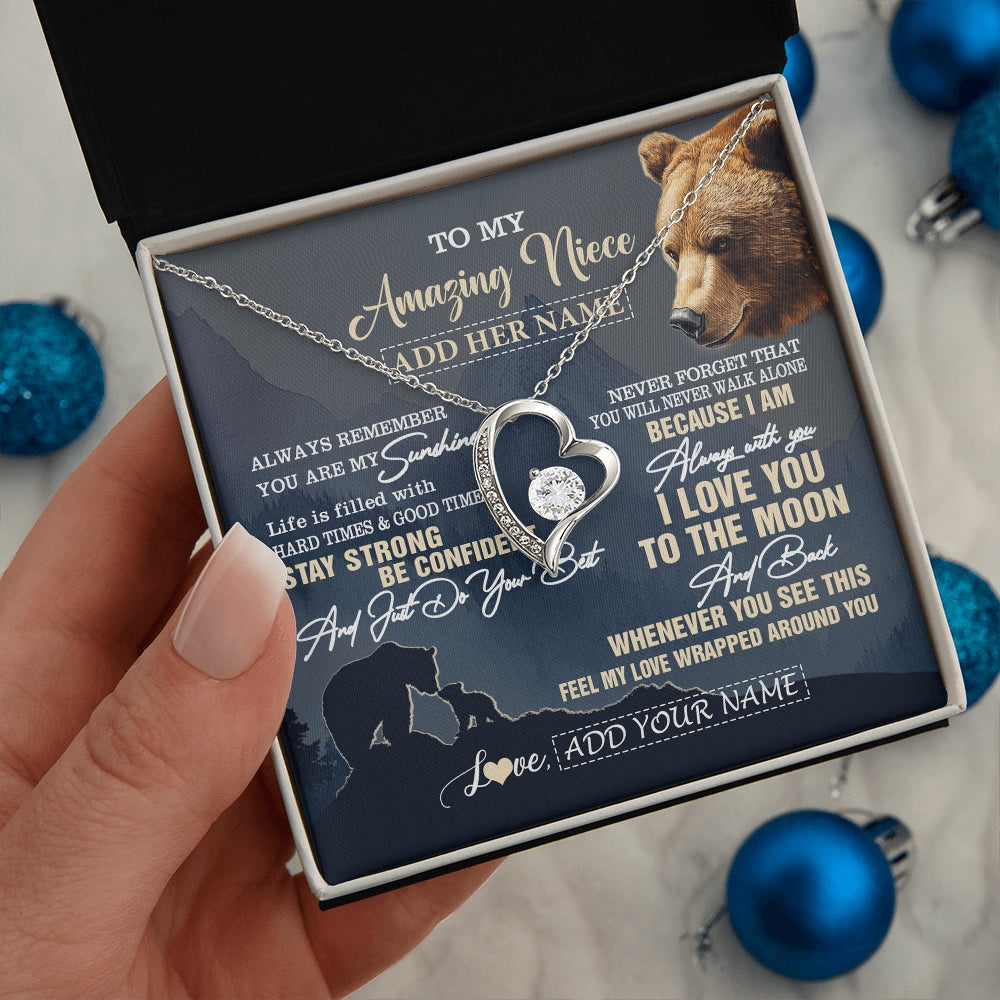 Forever Love Necklace 14K White Gold Finish | 2 | Personalized To My Amazing Niece Necklace From Aunt Uncle Auntie Bear It A Big Hug Niece Birthday Gifts Graduation Christmas Custom Gift Box Message Card | https://siriusteestore.