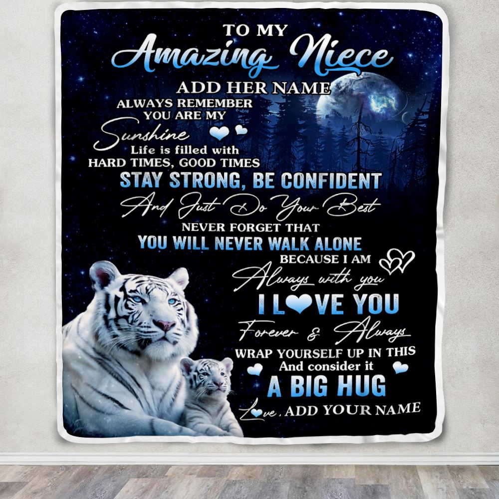 Personalized To My Amazing Niece White Tiger Blanket From Aunt Uncle Auntie My Sunshine Niece Birthday Gifts Graduation Christmas Customized Fleece Blanket | siriusteestore
