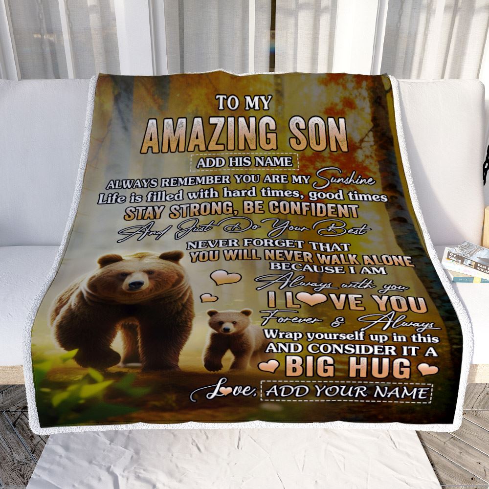 Personalized To My Amazing Son Bear Blanket From Mom Dad Mother Father My Sunshine Son Birthday Gifts Graduation Christmas Customized Fleece Throw Blanket | siriusteestore