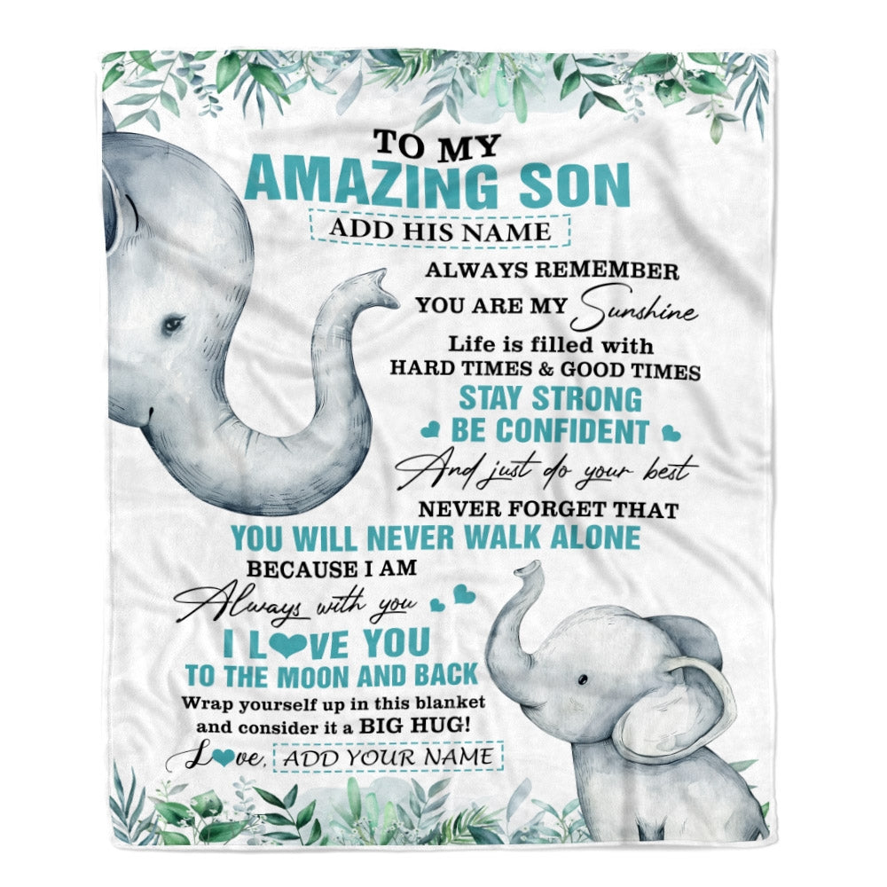 Personalized To My Amazing Son Blanket From Mom Dad Father Elephant It A Big Hug Son Birthday Gifts Graduation Christmas Customized Fleece Throw Blanket | siriusteestore