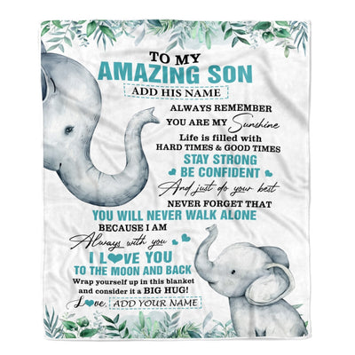 Personalized To My Amazing Son Blanket From Mom Dad Father Elephant It A Big Hug Son Birthday Gifts Graduation Christmas Customized Fleece Throw Blanket | siriusteestore