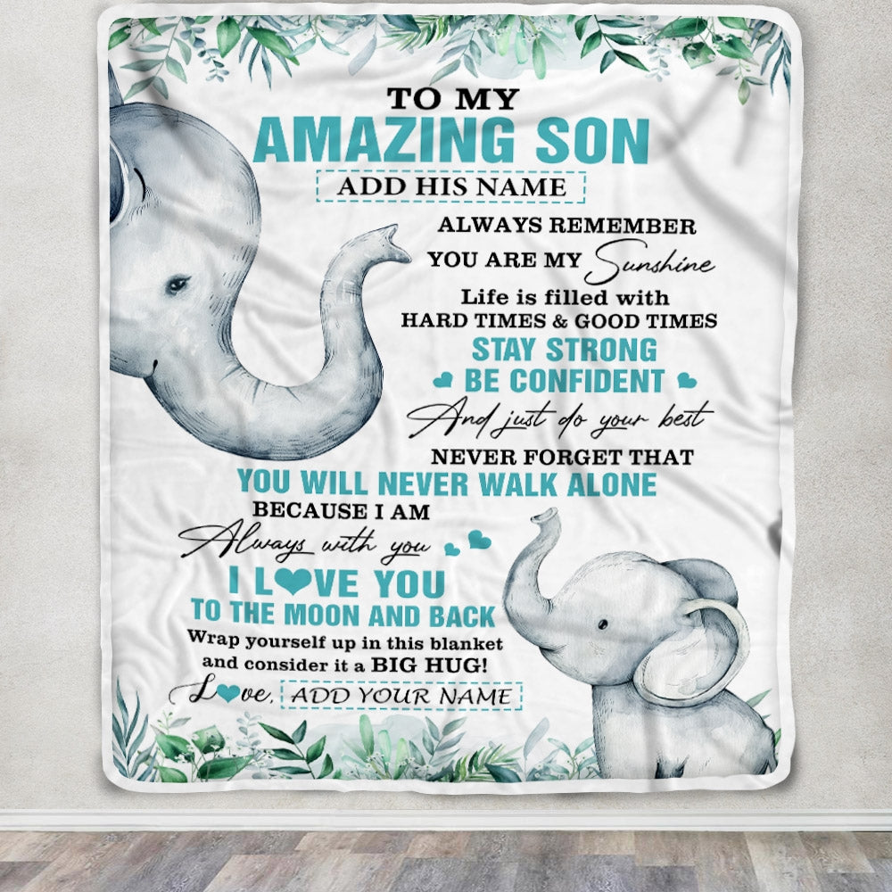 Personalized To My Amazing Son Blanket From Mom Dad Father Elephant It A Big Hug Son Birthday Gifts Graduation Christmas Customized Fleece Throw Blanket | siriusteestore