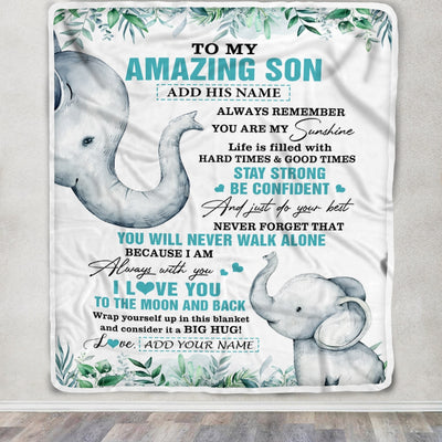 Personalized To My Amazing Son Blanket From Mom Dad Father Elephant It A Big Hug Son Birthday Gifts Graduation Christmas Customized Fleece Throw Blanket | siriusteestore