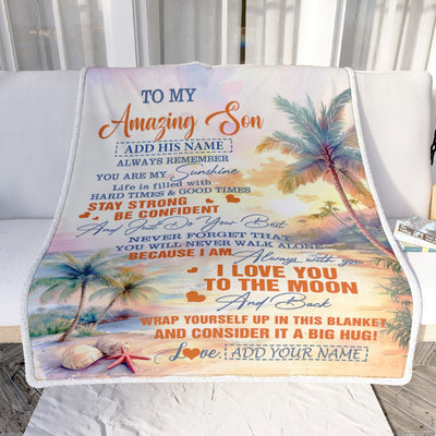 Personalized To My Amazing Son Blanket From Mom Dad Mother Father Beach It A Big Hug Son Birthday Gifts Graduation Christmas Customized Fleece Throw Blanket | siriusteestore