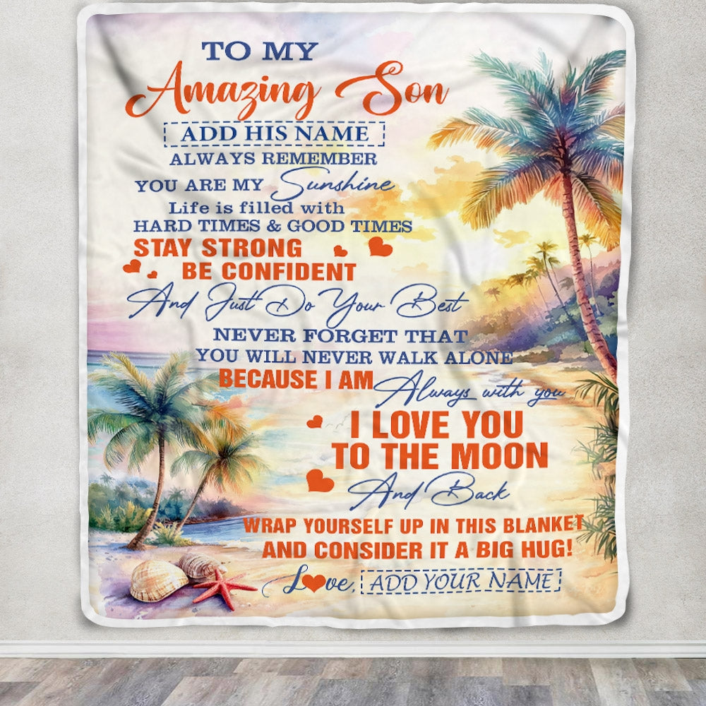 Personalized To My Amazing Son Blanket From Mom Dad Mother Father Beach It A Big Hug Son Birthday Gifts Graduation Christmas Customized Fleece Throw Blanket | siriusteestore