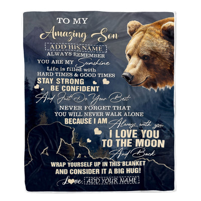 Personalized To My Amazing Son Blanket From Mom Dad Mother Father Bear It A Big Hug Son Birthday Gifts Graduation Christmas Customized Fleece Throw Blanket | siriusteestore